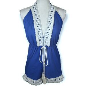 DEPRI ROYAL BLUE PLUNGE NECK ROMPER W/WHITE LACE SZ.M EUC